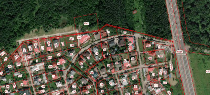 Вид со спутника, слой космоснимков и границ участков